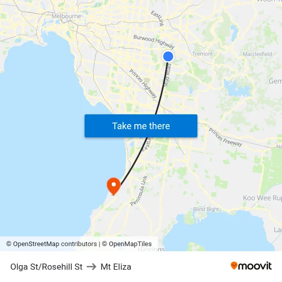 Olga St/Rosehill St to Mt Eliza map