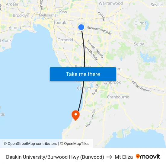 Deakin University/Burwood Hwy to Mt Eliza map