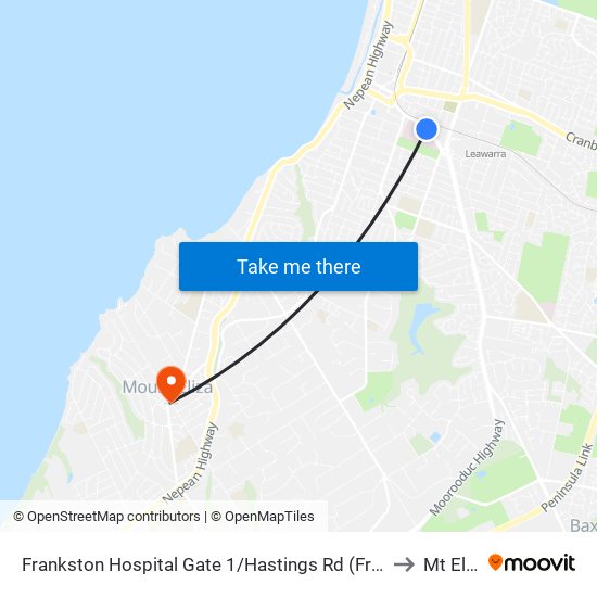 Frankston Hospital Gate 1/Hastings Rd (Frankston) to Mt Eliza map