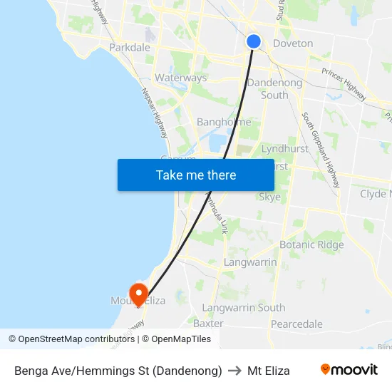 Benga Ave/Hemmings St to Mt Eliza map