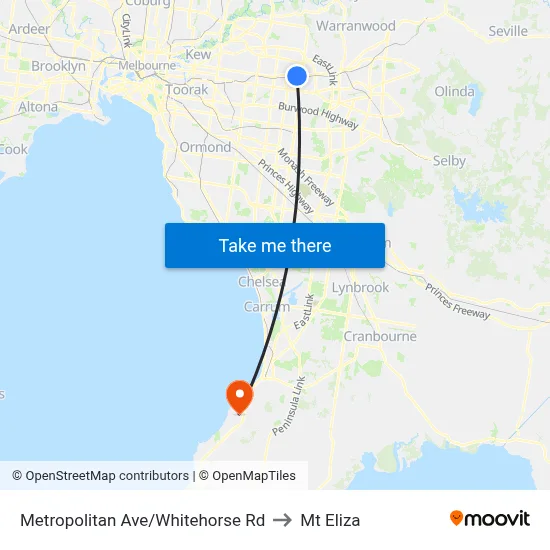Metropolitan Ave/Whitehorse Rd to Mt Eliza map