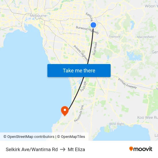 Selkirk Ave/Wantirna Rd to Mt Eliza map