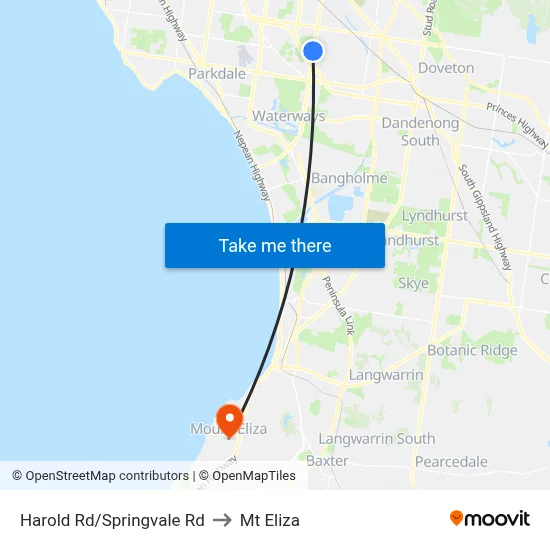 Harold Rd/Springvale Rd to Mt Eliza map