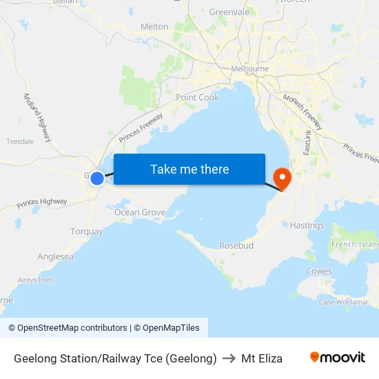 Geelong Station/Railway Tce to Mt Eliza map