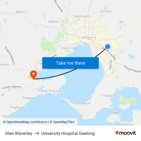 Glen Waverley to University Hospital Geelong map