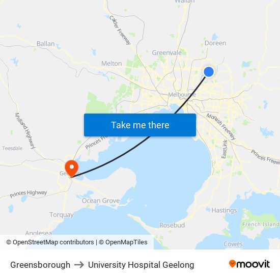 Greensborough to University Hospital Geelong map