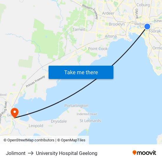 Jolimont to University Hospital Geelong map