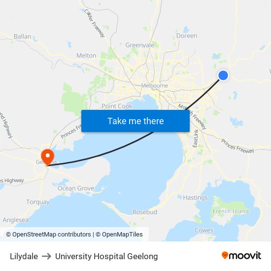 Lilydale to University Hospital Geelong map