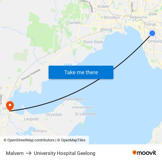 Malvern to University Hospital Geelong map