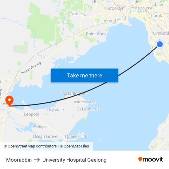 Moorabbin to University Hospital Geelong map