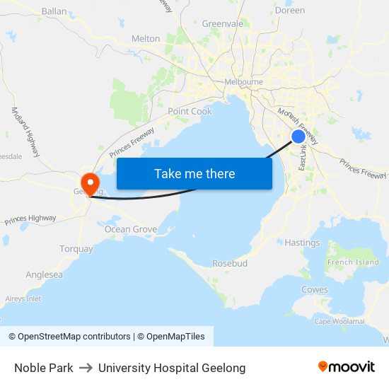 Noble Park to University Hospital Geelong map