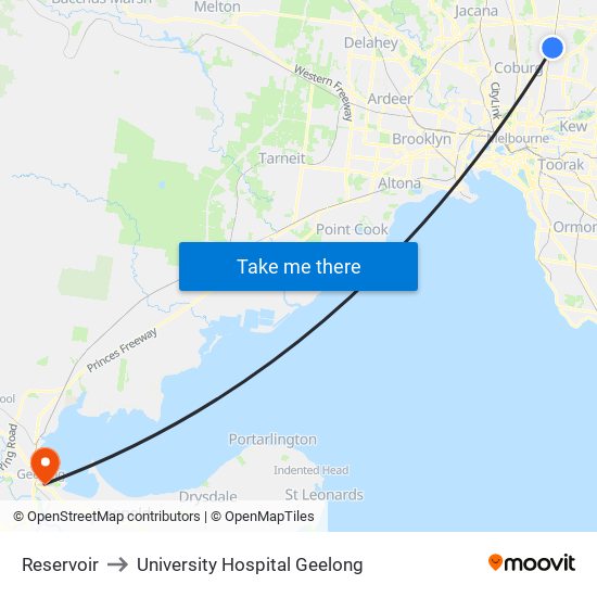 Reservoir to University Hospital Geelong map