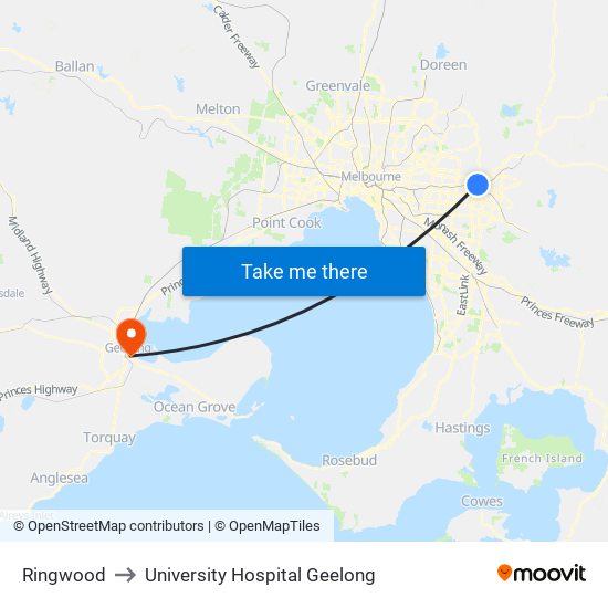 Ringwood to University Hospital Geelong map