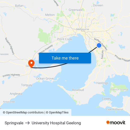 Springvale to University Hospital Geelong map