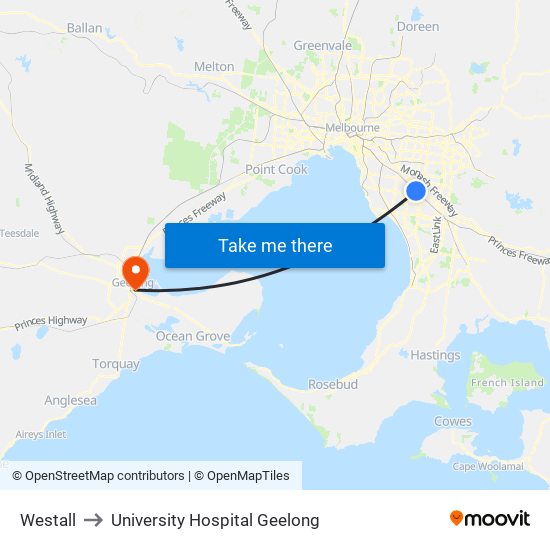 Westall to University Hospital Geelong map