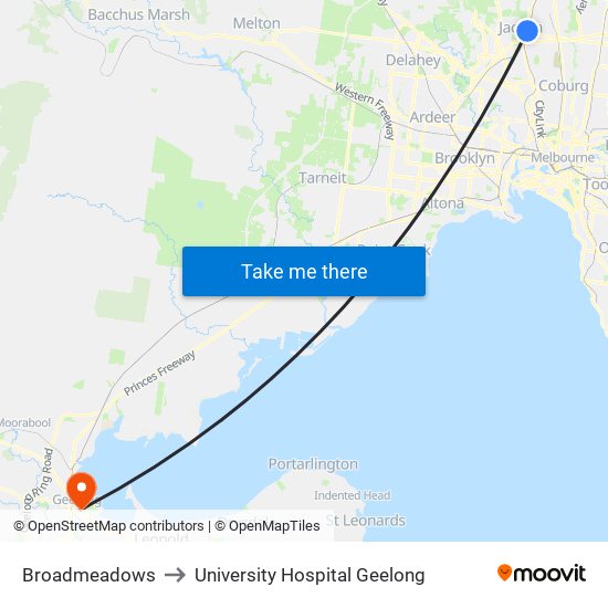 Broadmeadows to University Hospital Geelong map