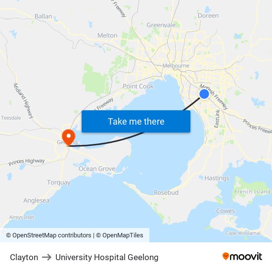 Clayton to University Hospital Geelong map