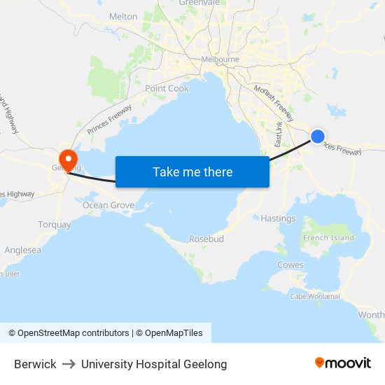 Berwick to University Hospital Geelong map