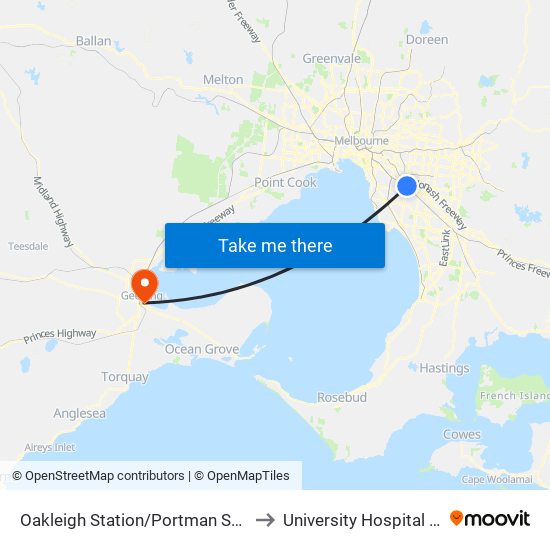 Oakleigh Station/Portman St (Oakleigh) to University Hospital Geelong map