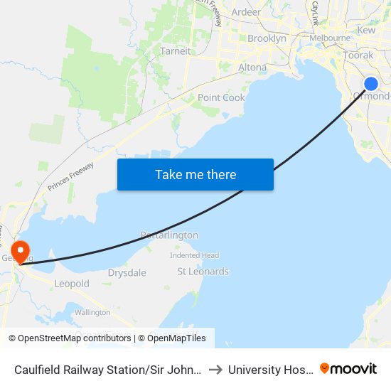 Caulfield Railway Station/Sir John Monash Dr (Caulfield East) to University Hospital Geelong map