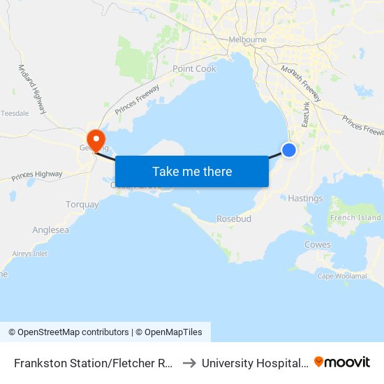 Frankston Station/Fletcher Rd (Frankston) to University Hospital Geelong map