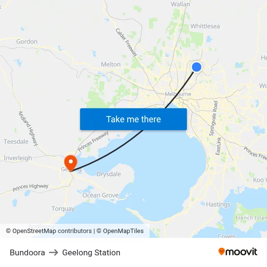Bundoora to Geelong Station map