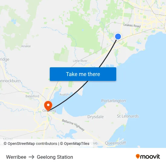 Werribee to Geelong Station map