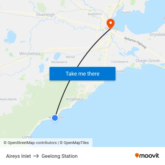 Aireys Inlet to Geelong Station map