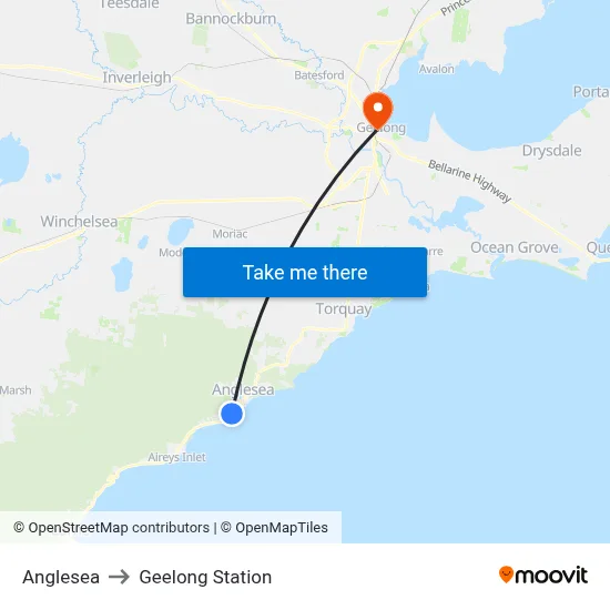 Anglesea to Geelong Station map