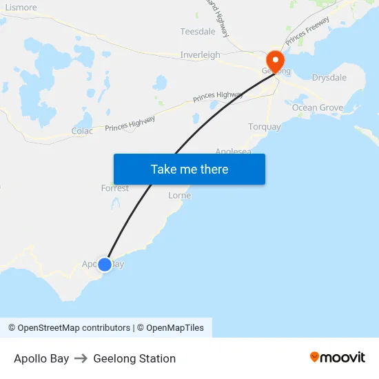 Apollo Bay to Geelong Station map