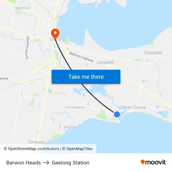 Barwon Heads to Geelong Station map
