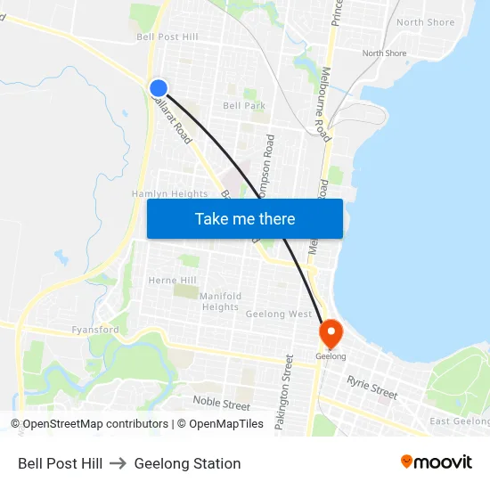 Bell Post Hill to Geelong Station map