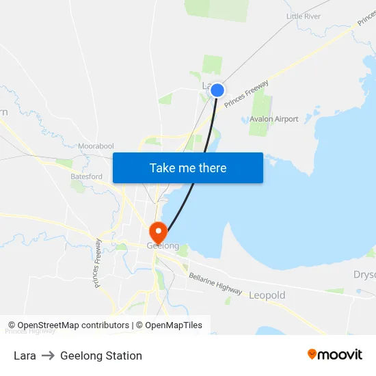 Lara to Geelong Station map