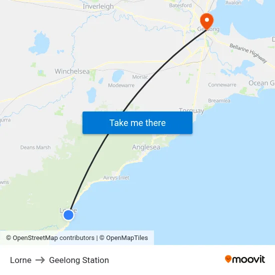 Lorne to Geelong Station map