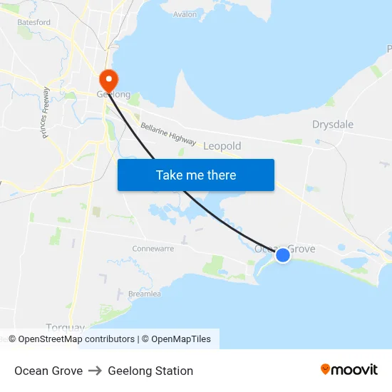 Ocean Grove to Geelong Station map