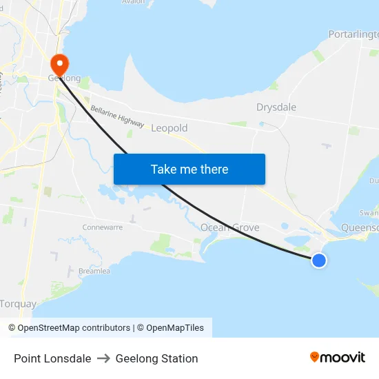 Point Lonsdale to Geelong Station map
