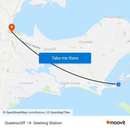 Queenscliff to Geelong Station map