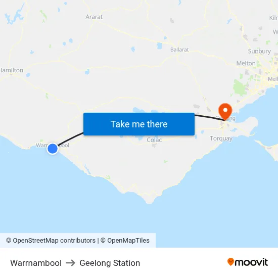 Warrnambool to Geelong Station map