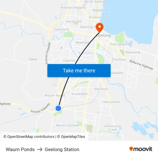 Waurn Ponds to Geelong Station map