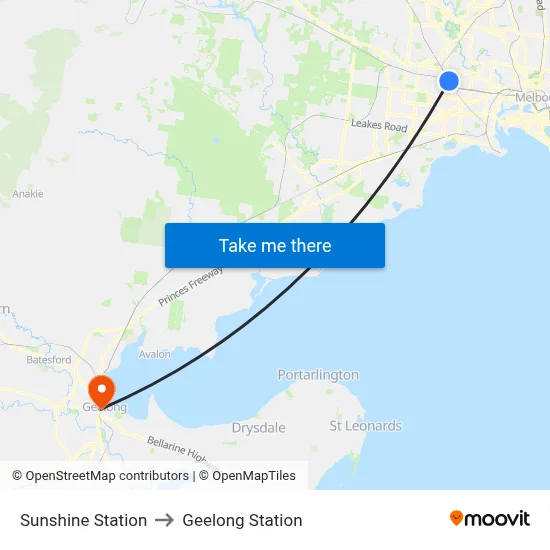 Sunshine Station to Geelong Station map