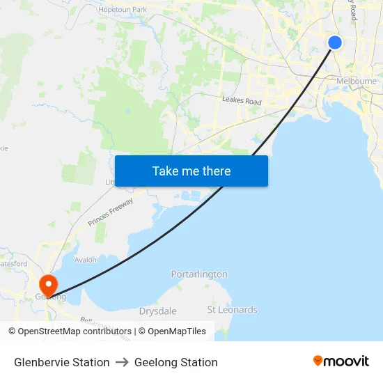 Glenbervie Station to Geelong Station map