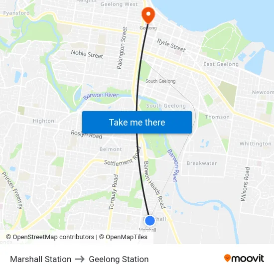 Marshall Station to Geelong Station map