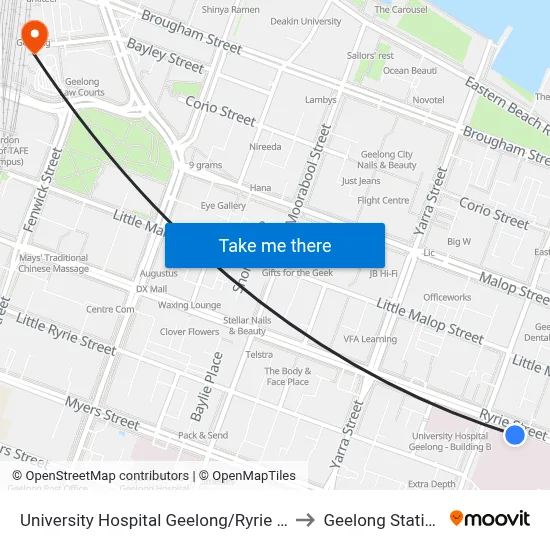 University Hospital Geelong/Ryrie St to Geelong Station map