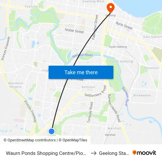 Waurn Ponds Shopping Centre/Pioneer Rd to Geelong Station map
