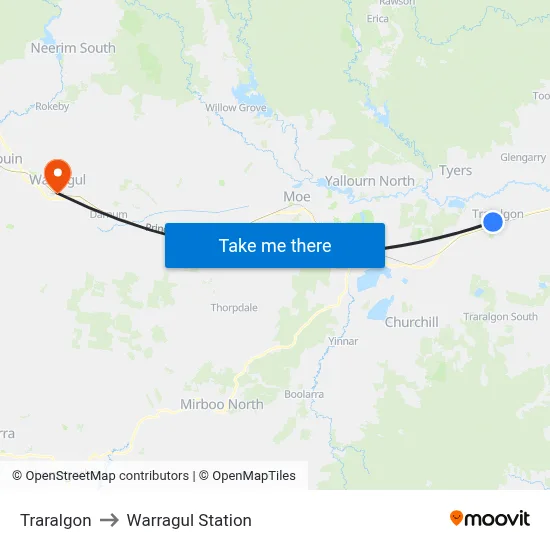 Traralgon to Warragul Station map
