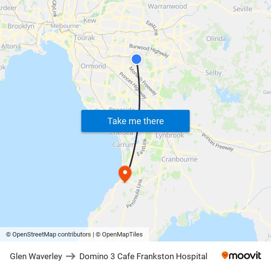 Glen Waverley to Domino 3 Cafe Frankston Hospital map