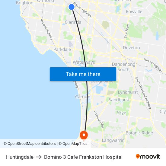 Huntingdale to Domino 3 Cafe Frankston Hospital map