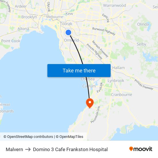 Malvern to Domino 3 Cafe Frankston Hospital map