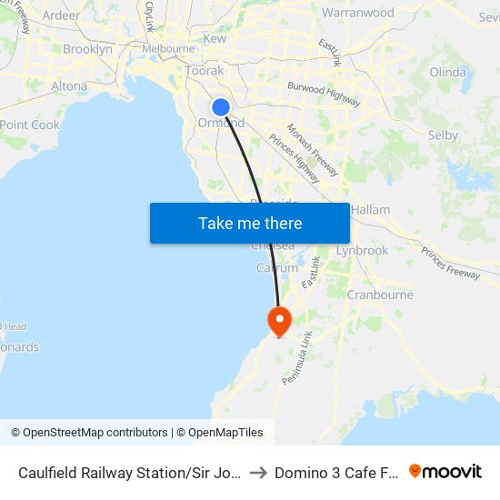 Caulfield Railway Station/Sir John Monash Dr (Caulfield East) to Domino 3 Cafe Frankston Hospital map