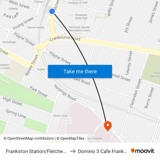 Frankston Station/Fletcher Rd (Frankston) to Domino 3 Cafe Frankston Hospital map